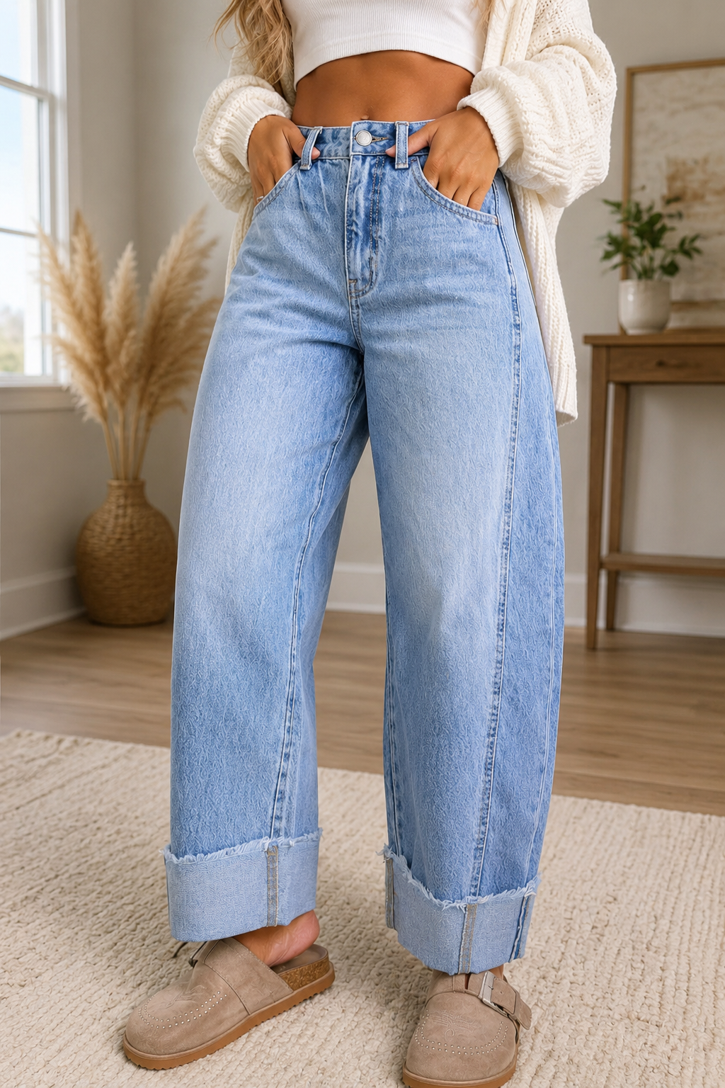 Raw Hem Ankle-Length Barrel Jeans