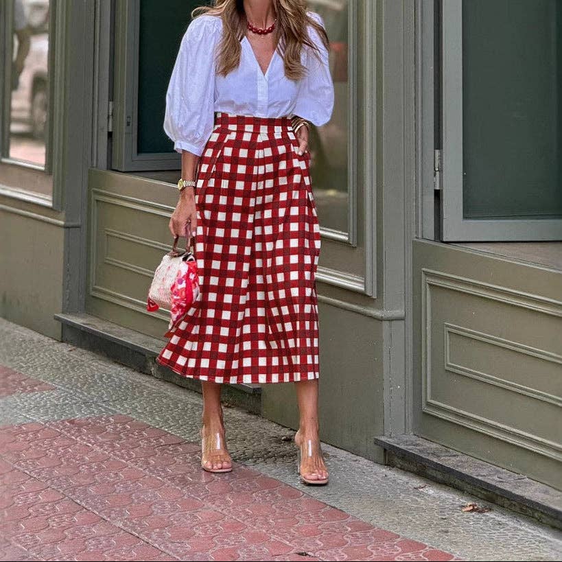 Gingham Pleated Midi Skirt