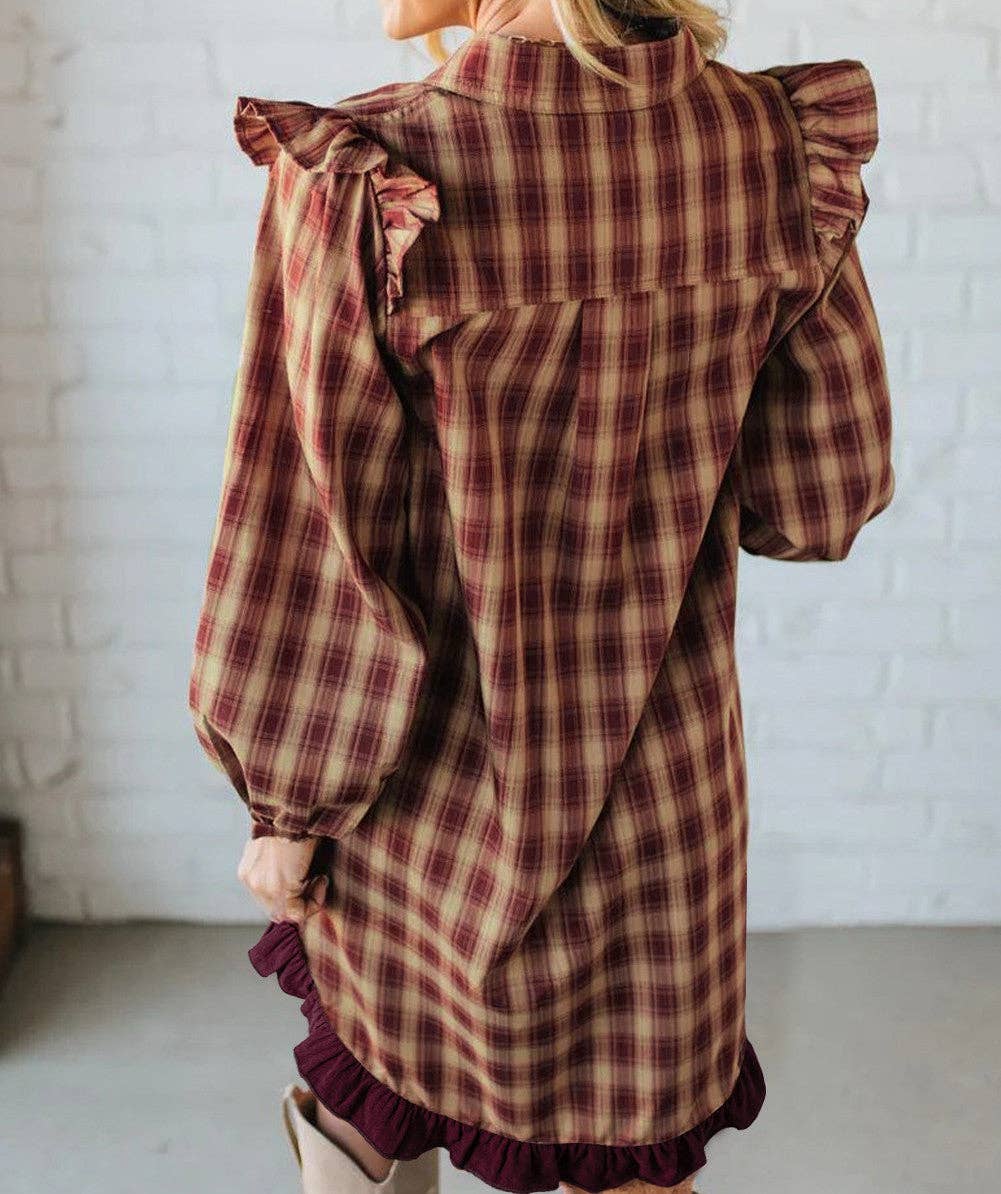 Burgundy Plaid Ruffled Dress